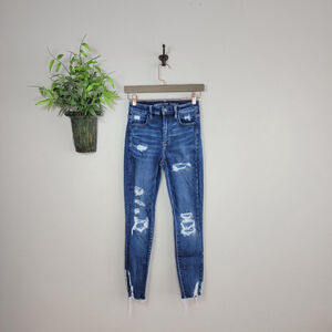 AE 2 American Eagle Skinny Jeans Super Hi Rise Jegging Distressed Frayed Blue